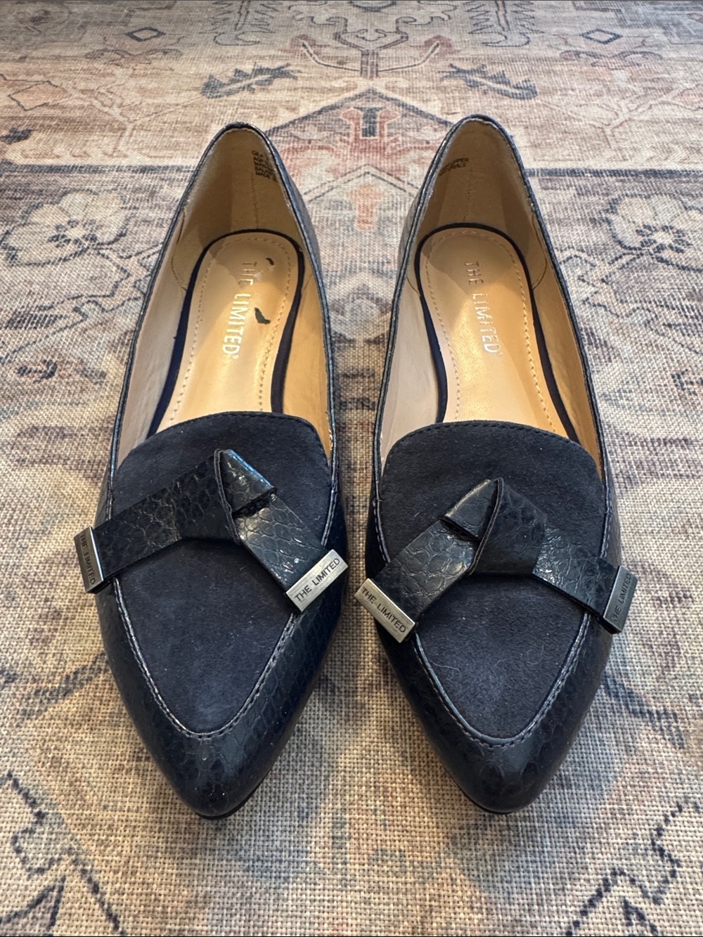 The Limited Qila Navy Pointed Bow-Trim Loafers, leather & suede